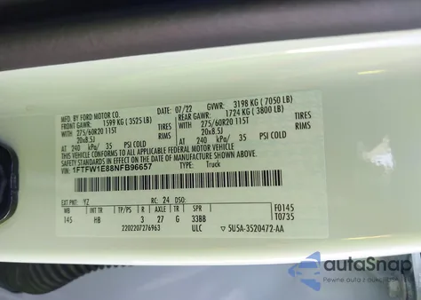 2022 Ford F-150 Lariat z USA, uszkodzony, nr VIN 1FTFW1E88NFB96657